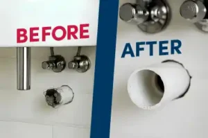 before and after shot of a bathroom sink once mini-jet has been performed.