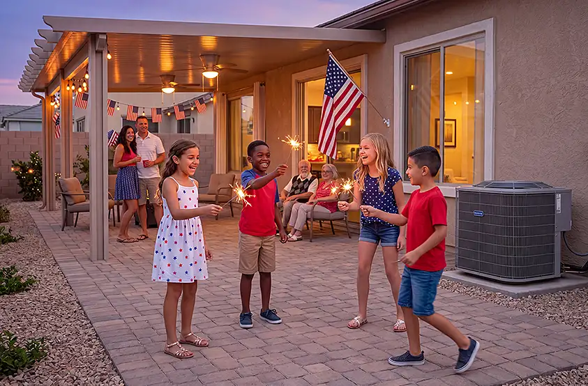 July 4th kids playing with sparklers in the backyard at dusk