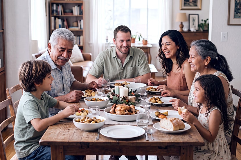 A family sitting together at a dining table enjoying a meal together on Labor Day