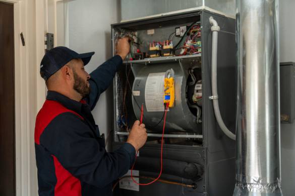 goettl technician checking out the inside of a customers furnace for repair