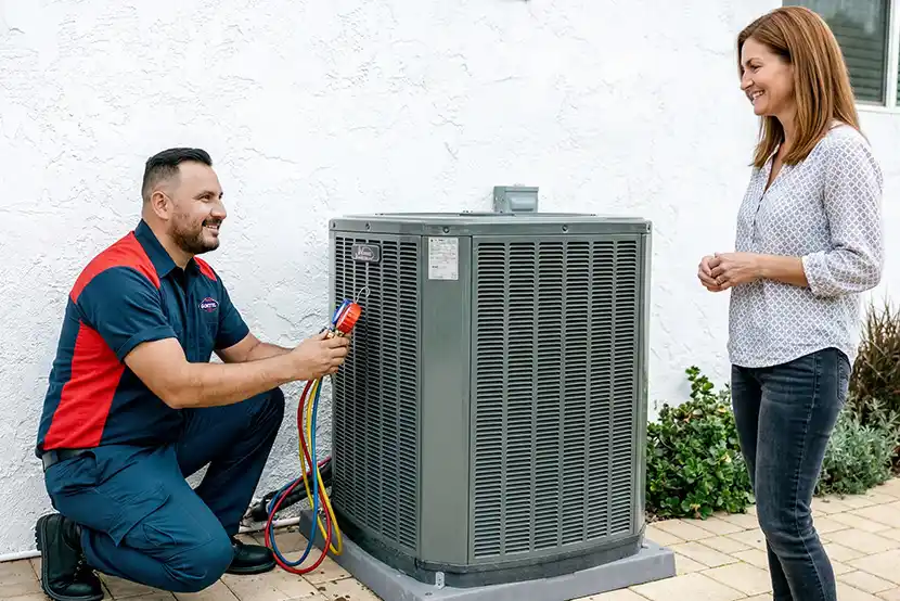 paid lsp ac repair goettl tech woman outdoor condensor testing