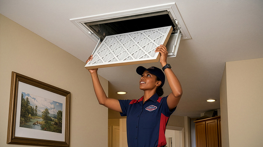 Goettl technician replacing IAQ filter in the ceiling