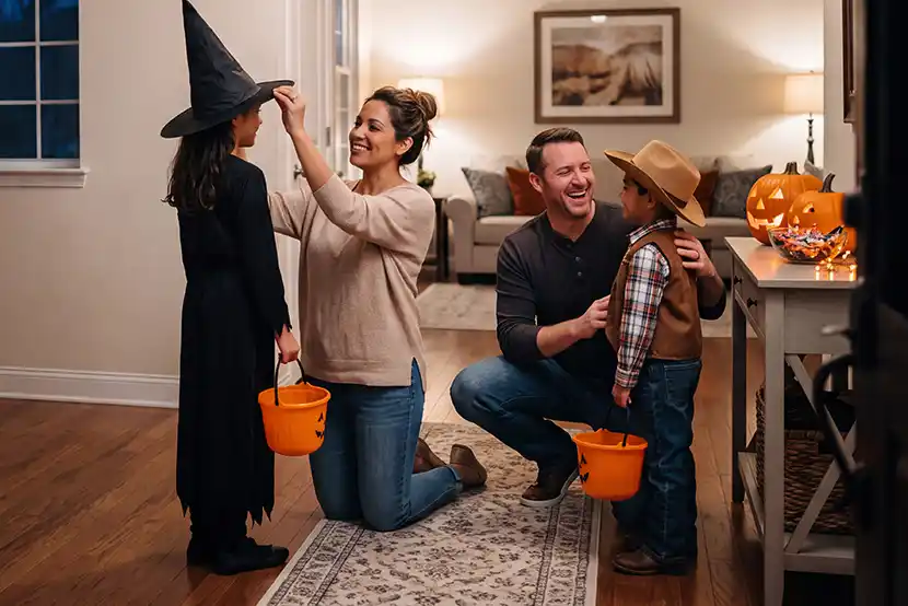 Parents helping kids with their halloween costumes