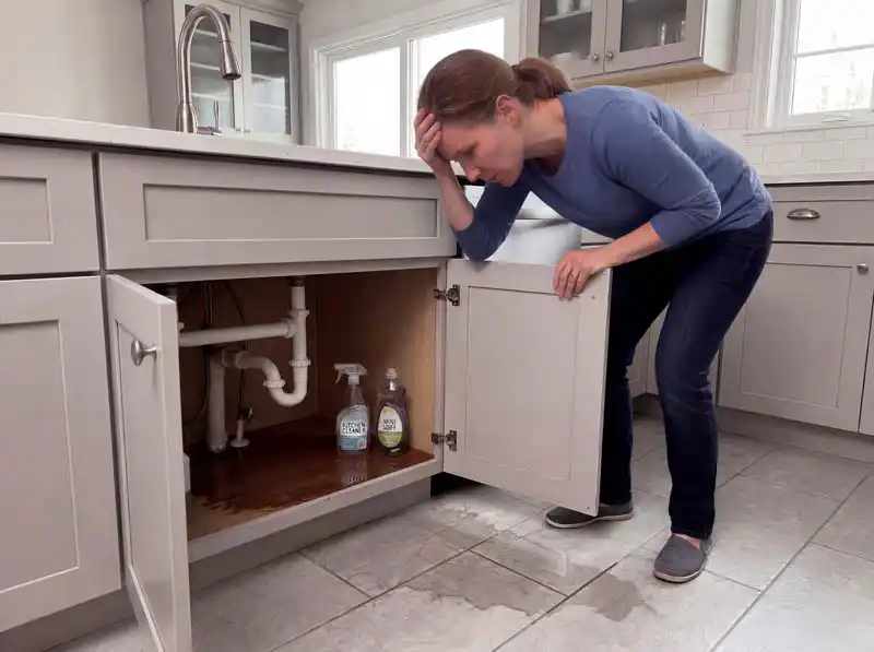 woman upset leaking under sink